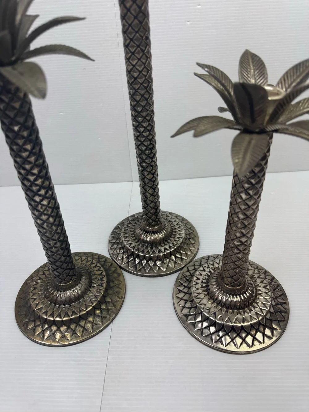 Vintage Silver Palm Tree Candlestick Holders – Tropical Coastal Decor Set